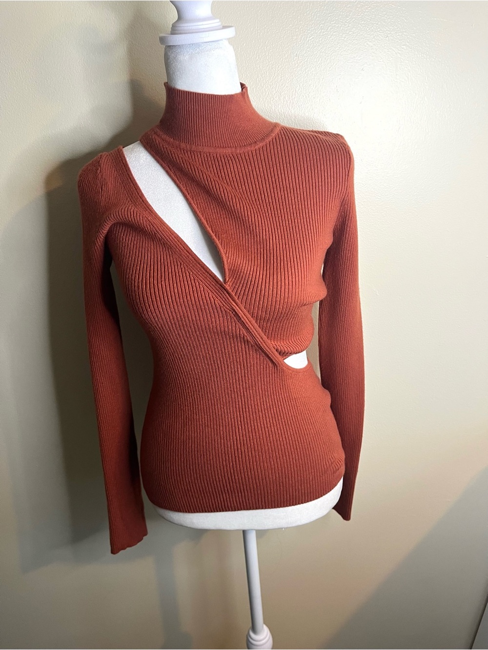 Michael Costello x Revolve Women's Rust Cutout Ribbed Mock Turtleneck Sweater